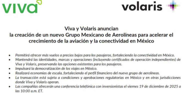 Volaris y Viva Aerobus se fusionan para crear grupo de vuelos de bajo costo