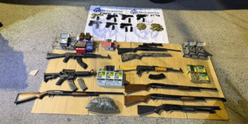 Perro policía detecta armas y droga en empresa de paquetería de Salamanca, Guanajuato