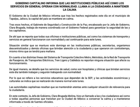 Tras muerte de “El Mencho”, líder del CJNG, Gobierno de la CDMX informa que la capital se encuentra segura y en paz