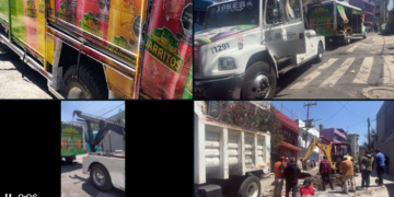 Camión que transportaba refrescos cae a socavón en Iztapalapa