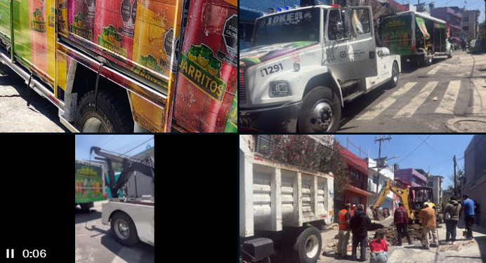 Camión que transportaba refrescos cae a socavón en Iztapalapa