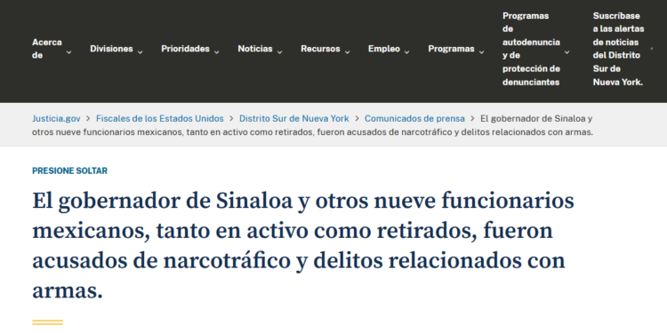 El gobernador de Sinaloa es acusado formalmente por relaciones con el narcotráfico y otros delitos por una corte del sur de New York