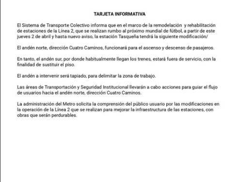 Rehabilitación del Metro CDMX: Tasqueña tendrá un ajuste en su operación rumbo al Mundial 2026