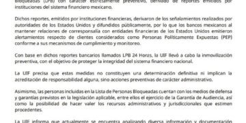 La UIF lanza comunicado confirmando congelación de cuentas de Rubén Rocha Moya y 9 personas más.