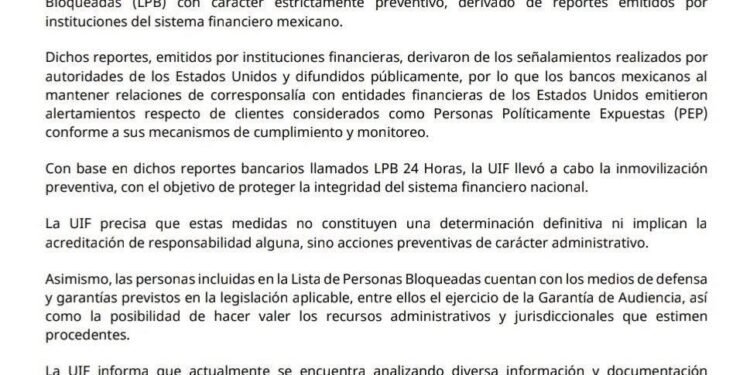 La UIF lanza comunicado confirmando congelación de cuentas de Rubén Rocha Moya y 9 personas más.