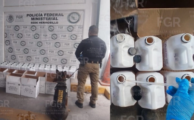Aseguran 200 litros de metanfetamina enviados desde Culiacán a Hermosillo por paquetería